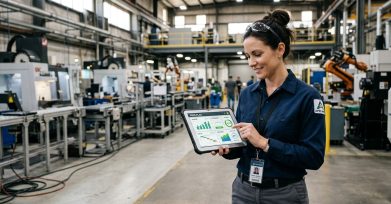 Factory operations manager reviewing production planning dashboard on a tablet in a manufacturing plant