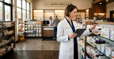 Pharmacist reviewing medications with a tablet in an independent pharmacy
