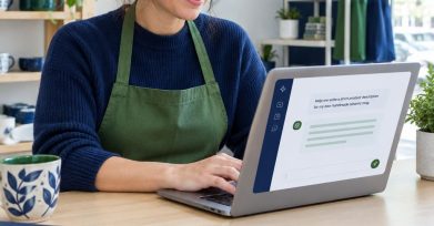 Small-business owner using a generative AI assistant on a laptop in her shop