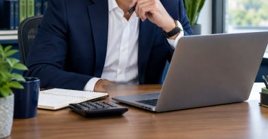 Business owner reviewing a software project budget with a calculator and laptop