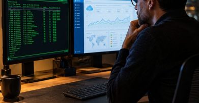 IT director comparing an older terminal screen with a modern cloud dashboard