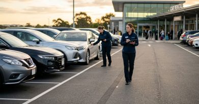 Rental operations manager checking vehicles at a car rental lot