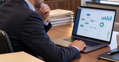 Accounting firm partner reviewing a financial workflow application on a laptop
