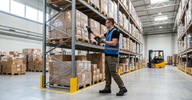 Worker checking inventory with a tablet inside a logistics distribution warehouse