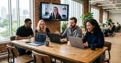 Mixed in-house and remote software team collaborating around laptops in a modern office