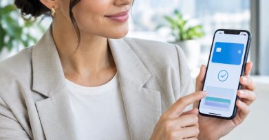 Business user completing a payment in a custom e-wallet app on a smartphone