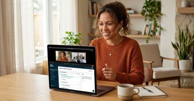 Adult learner on a video call with an online course platform open on a laptop
