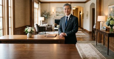 Funeral home director standing at a reception desk in a serene funeral home interior