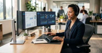 Support operations manager working with dashboards and a headset