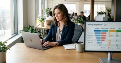 HR leader evaluating an AI recruiting pipeline on a laptop and screen