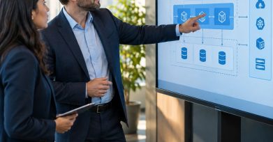 Business professionals reviewing a legacy software modernization plan on a large screen