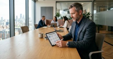 Business owner reviewing an AI automation workflow on a tablet