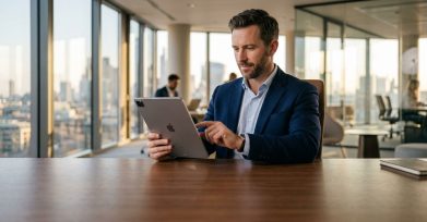 Finance professional reviewing a secure banking application on a tablet