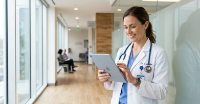 Doctor using a tablet with a patient health app in a modern clinic