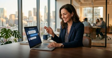Business owner using an AI chatbot assistant on a laptop