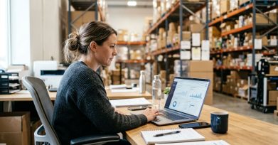 Retail operations manager reviewing an online store dashboard on a laptop in a warehouse office