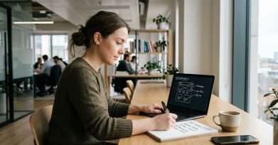 Startup founder planning an MVP feature checklist at a desk