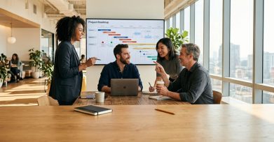 Dedicated development team collaborating on a project roadmap in a modern office