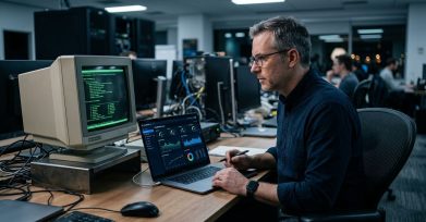 IT director comparing a legacy terminal with a modern cloud dashboard on a laptop