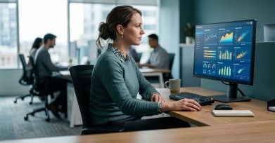 Analyst reviewing machine learning model dashboards on a monitor