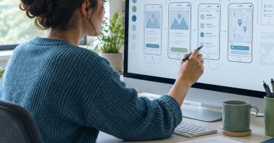 Product designer sketching mobile app wireframes on a large monitor in a modern design studio