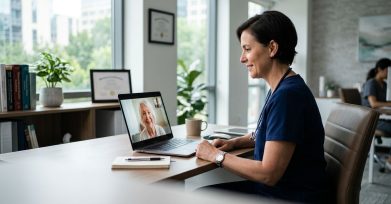 Doctor conducting a telemedicine video consultation on a laptop