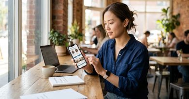 Product lead comparing two mobile app prototypes on phone and laptop