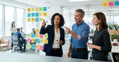 Consultant and business owners mapping a project workflow at a glass wall