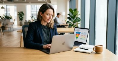 Sales director reviewing a customer pipeline funnel on a laptop