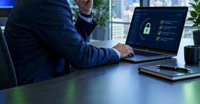 Executive reviewing an AI data-governance checklist with a padlock console on a laptop in a glass office