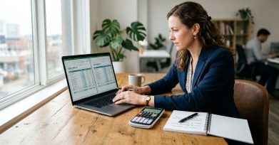 Business owner comparing in-house and outsourcing cost sheets on a laptop