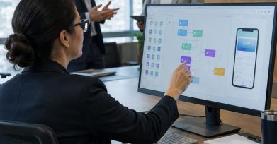 Enterprise operations manager assembling an app from visual blocks on a large monitor