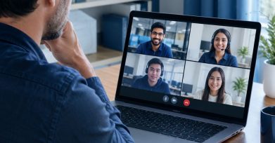 Business owner on a video call with an offshore development team