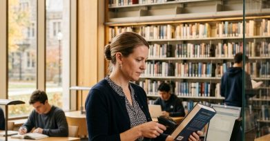 Librarian scanning a book at a modern library service desk