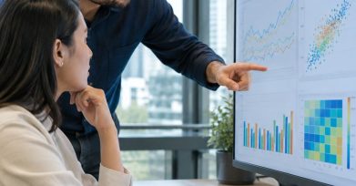 Business analyst reviewing machine learning model performance charts with a colleague