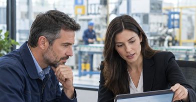 Manufacturing manager and consultant reviewing production quality dashboard