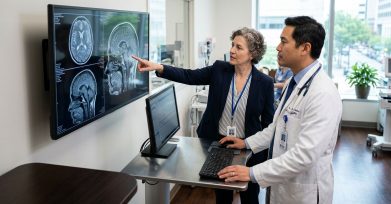 Clinical and operations leaders reviewing medical scans on a large monitor in a hospital imaging suite