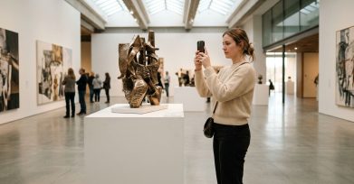 Museum visitor using a mobile guide app