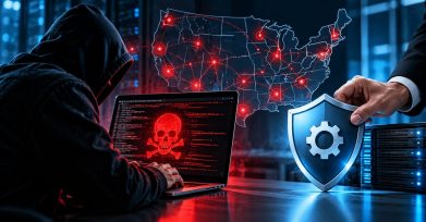 PHP2Shell vulnerability: hooded attacker at a laptop showing a red skull, a US map with red attack markers, and a hand holding a blue shield beside server racks