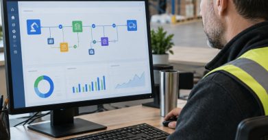 Operations manager watching a workflow automation dashboard on a monitor in a warehouse office