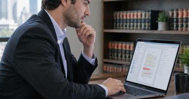 Legal professional reviewing a document-review platform on a laptop in a law office