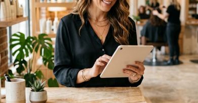 Salon owner checking the appointment schedule on a tablet at the reception desk