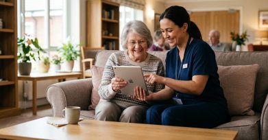 Care staff member helping a senior resident use a tablet in a community lounge