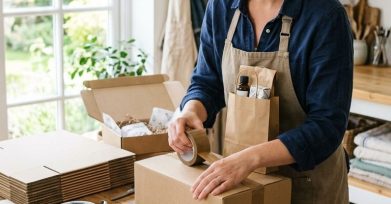 Small business owner packing subscription boxes at a workshop table