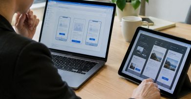 Decision-maker comparing two development team proposals on a laptop and a tablet