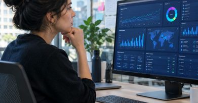 SaaS product manager reviewing an analytics dashboard in a modern office