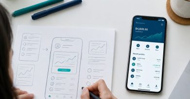 Designer sketching a fintech app interface beside a smartphone
