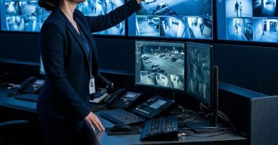 Security operations manager monitoring multi-site video surveillance feeds