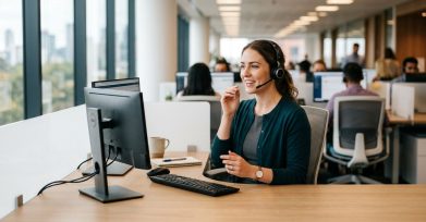 Call center agent with headset assisting a customer