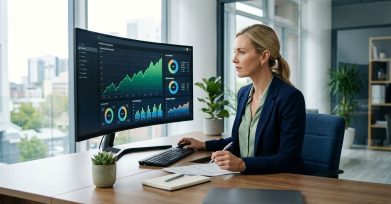 Financial advisor reviewing portfolio performance charts on a large monitor